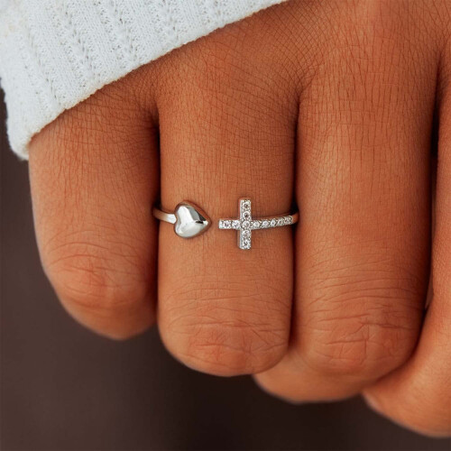 Sterling Silver Cross and Heart Ring 925 Adjustable 2