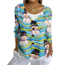 Women's Christmas Print Button-Up Cardigan XL Blue