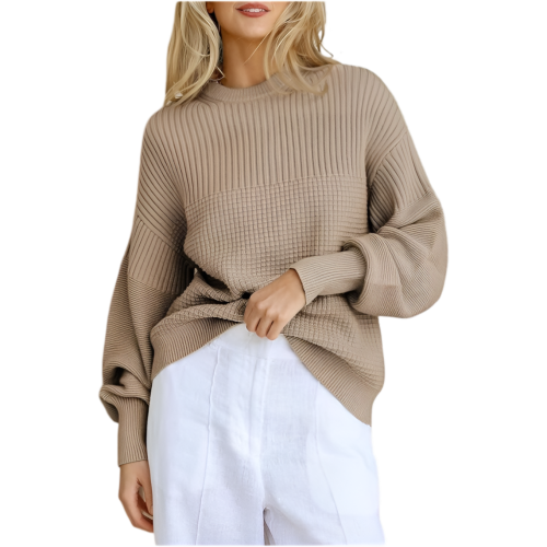 Damenpullover Oversize mit Puffärmeln Vintage-Stil Elegant Beige XXL — oversize damen strickpullover 1