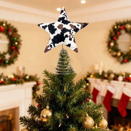 Cow Print Christmas Tree Topper Bow Black White Large