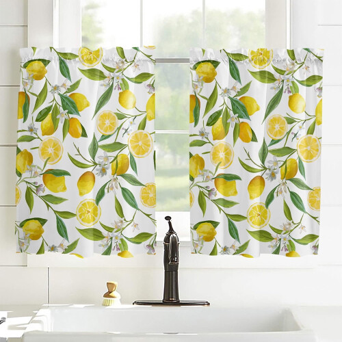 Lemon Slice and Leaves Kitchen Curtains 2 Panels 63 Inch 2