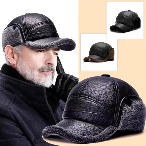 PU Leather Baseball Hat with Earflaps for Men, Windproof 1
