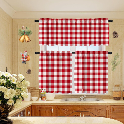 Buffalo Check Window Curtain Set Red White Farmhouse Rod 2