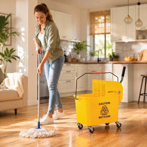 Homcom HOMCOM 20L Compact Mop Bucket with Wringer on Wheels Yellow 1
