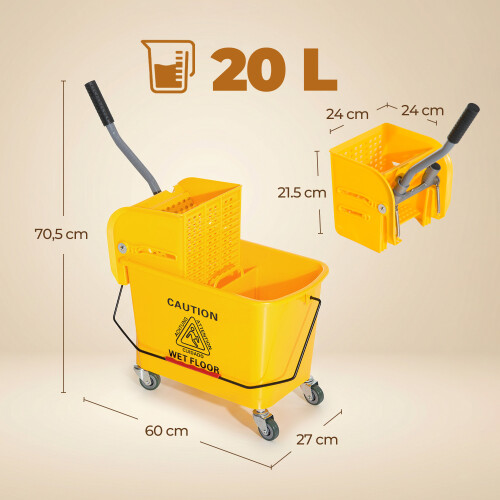 Homcom HOMCOM 20L Compact Mop Bucket with Wringer on Wheels Yellow 2
