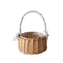 Wicker Rattan Flower Girl Basket with Pearl Handle Bow