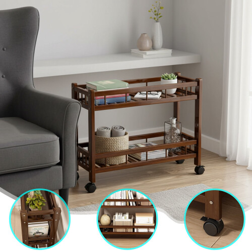 Mobile Storage Rack Floor Standing Two-Tier Solid Wood 2