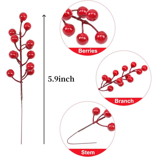 Artificial Red Holly Berry Picks Plastic Foam Stems 40-Pack 1