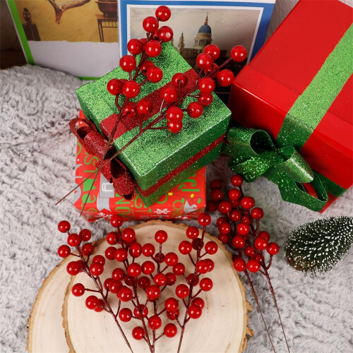 Artificial Red Holly Berry Picks Plastic Foam Stems 40-Pack 2