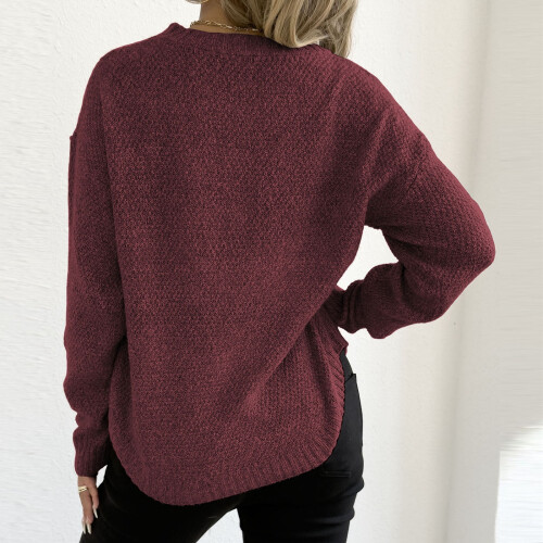 Women's Solid Floral Knit Sweater Round Neck Long Sleeve 2