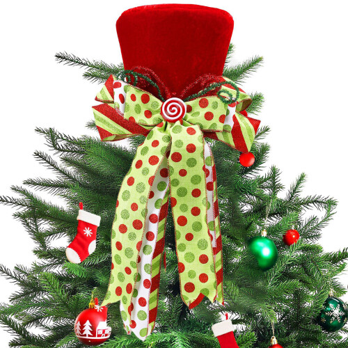 Christmas Tree Topper Red Velvet Top Hat with Bow
