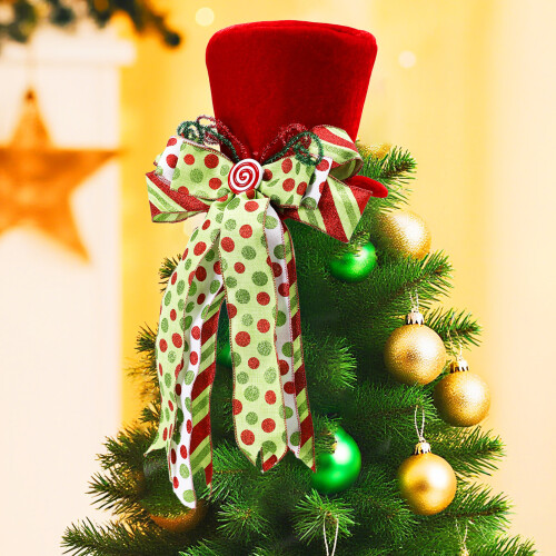 Christmas Tree Topper Red Velvet Top Hat with Bow 2