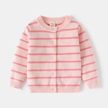 Cotton Knit Cardigan Pink Striped Button-Front for