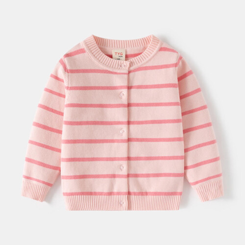 Cotton Knit Cardigan Pink Striped Button-Front for