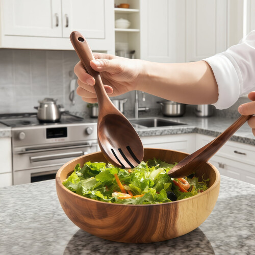 Wooden Salad Bowl Set with Spoon and Fork 1