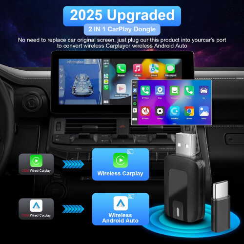 2-in-1 Wireless CarPlay Adapter 5.8GHz for iPhone and 1