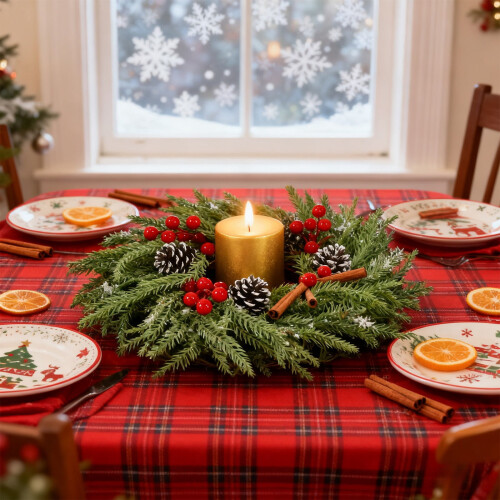 Christmas Candle Ring Flocked Pine with Red Berries and