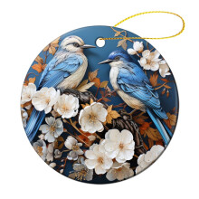 Chinoiserie Ceramic Ornament Blue Birds Flowers 3 inch