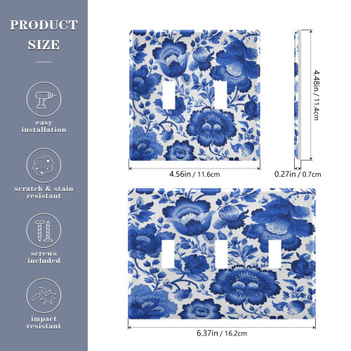 Light Switch Cover Plate Blue Floral Pattern 3-Gang 1