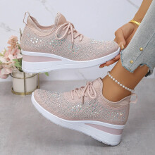 Willtoo Rhinestone Sneakers for Women Pink Mesh Slip-On