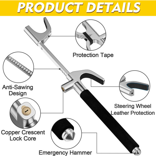 Universal Steering Wheel Lock with Escape Hammer 3 Keys 1