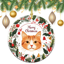 Orange Cat Ornament Porcelain 3 Inch Holly Wreath