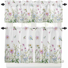 Floral Kitchen Curtains Set Blue Pink Daisy 3-Piece 36 Inch