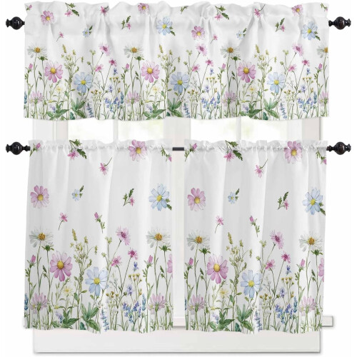 Floral Kitchen Curtains Set Blue Pink Daisy 3-Piece 36 Inch