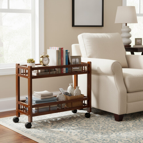 Wooden Side Table with Wheels 2-Tier Rolling Cart 1
