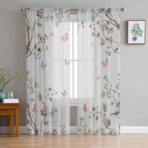 Sheer Curtains Spring Floral Butterfly Tree Design Voile 2