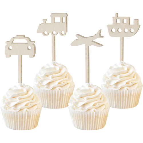 Wooden Transportation Cupcake Toppers Set 16 Pieces
