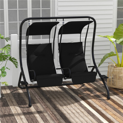 Two-Seat Garden Swing Chair, with Protective Canopy - Black 2