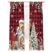Christmas Cat Family Voile Curtains 52x84 in Red Black Plaid
