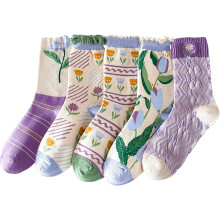 Vintage Floral Crew Socks for Women Soft Cotton Embroidered