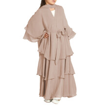 Chiffon Layered Dress Abaya Kaftan for Girls Beige Size 120