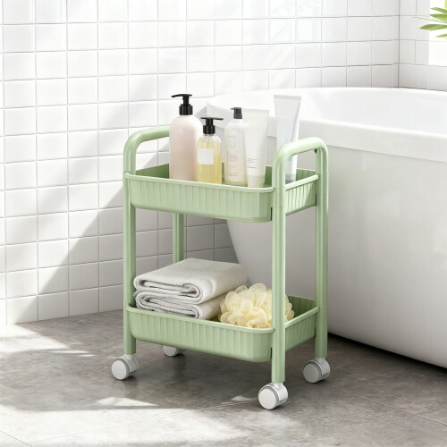 Two-Tier Rolling Cart Green with Handles and Locking Casters 1