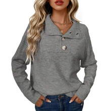 Knit Sweater Top Women Collared Dark Gray M
