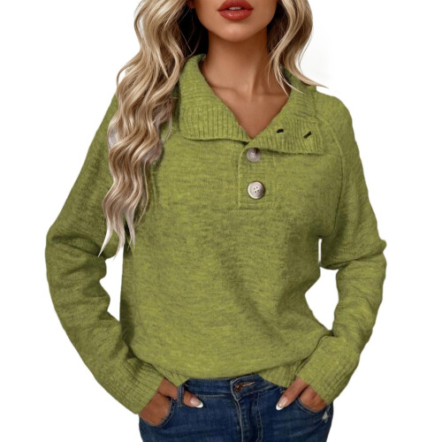 Women's Plain Collared Tunic Sweater Green Long Sleeve