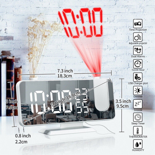 LED Projection Alarm Clock White 7.5-inch Dual Alarm 1