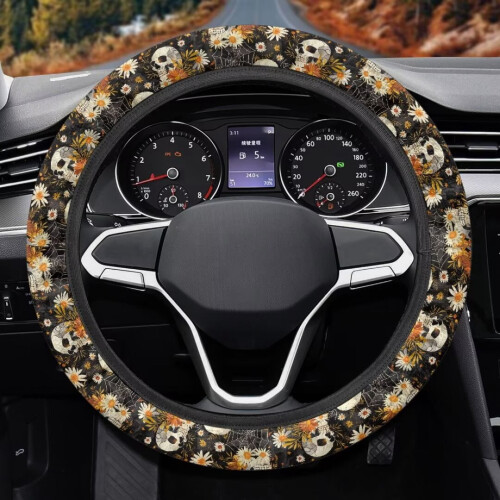 Skull and Daisy Steering Wheel Cover Flannel 1 Pack