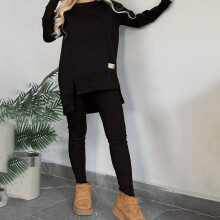 Women's 2-Piece Set Crew Neck Top and Slim Pants Black L