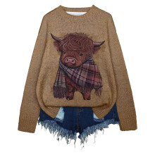 Women's Crew Neck Sweater with Cow Print, Loose Fit, Long