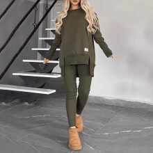 Women's 2-Piece Set Crew Neck Top and Slim Pants Army Green