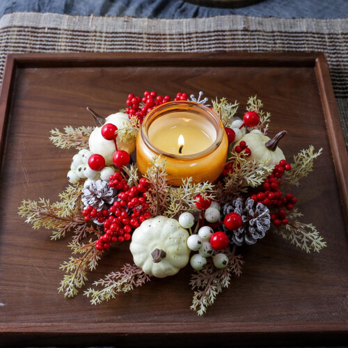 Autumn Candle Ring Wreath Pumpkin Berries Pine Cones 2