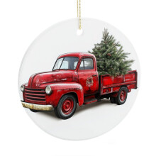 Vintage Red Truck and Green Tree Ceramic Ornament 1pc