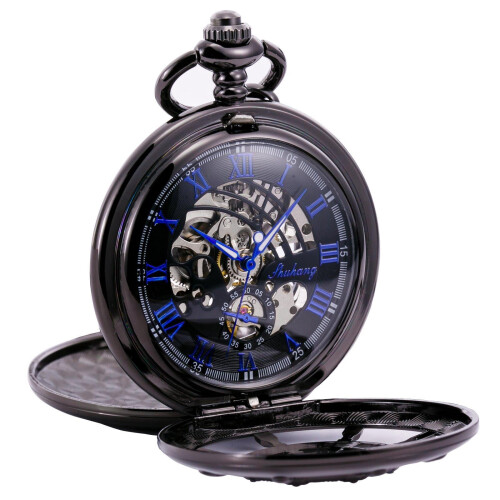 Mechanical Pocket Watch Antique Skeleton Black Double
