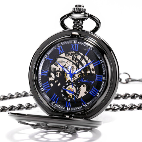 Mechanical Pocket Watch Antique Skeleton Black Double 1