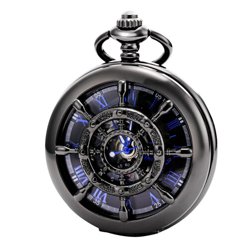 Mechanical Pocket Watch Antique Skeleton Black Double 2