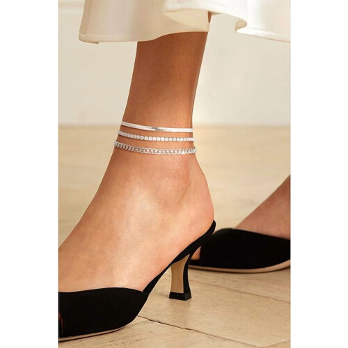 Silver Waterproof Ankle Bracelets for Women 3-Pack 2