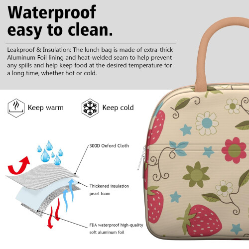 Strawberry Portable Lunch Bag with Pockets Large Cooler Tote 2